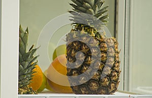 Delicious tropical fruits on a cafe showcase.