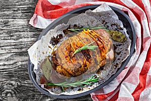Delicious turkey roulade roast in baking dish