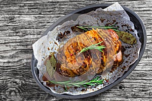 Delicious turkey roulade roast in baking dish