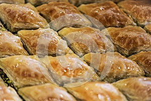 Delicious Turkish dessert baklawa in the city of Gaziantep of Turkey country, close up