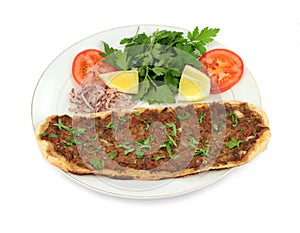Delicious Turkish Pizza. ( Lahmacun or Etli ekmek ) isolated on white background