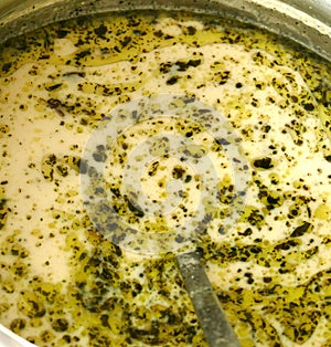 delicious turkish style (yayla) yoghurt soup with mint in close-up