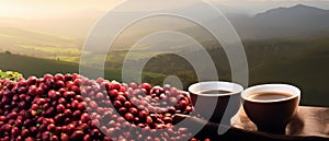 A delicious two cups of coffee on the spilled heap of coffee seeds in an outdoor blurred nature background. AI generated.