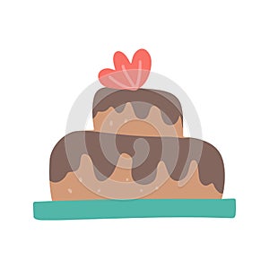 Delicious two tiers cake flat vector illustration. Sweet multi layered dainty with chocolate icing. Confectionery, candy