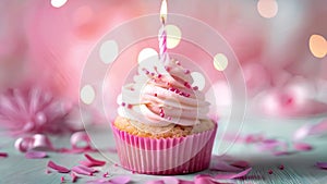delicious vanilla cake with candle on blurred shiny background