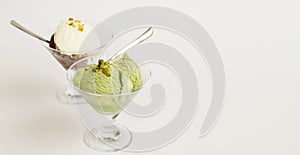 Delicious vanilla and chocolate ice cream in glass bowl with spoon.