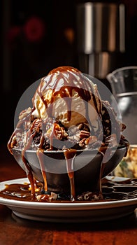 Delicious vanilla and chocolate ice cream sundae with chocolate sauce in a tall glass on wooden counter