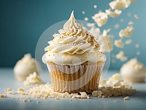 Delicious vanilla cupcake, whispered snow, swirl of creamy white frosting graces the top