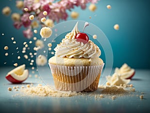 Delicious vanilla cupcake, whispered snow, swirl of creamy white frosting graces the top