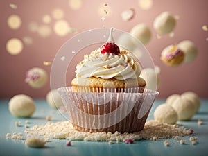 Delicious vanilla cupcake, whispered snow, swirl of creamy white frosting graces the top