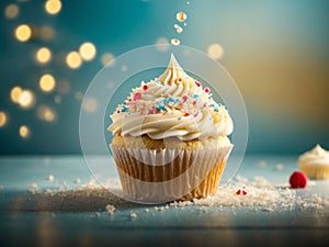 Delicious vanilla cupcake, whispered snow, swirl of creamy white frosting graces the top