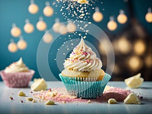 Delicious vanilla cupcake, whispered snow, swirl of creamy white frosting graces the top