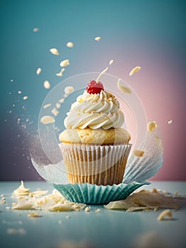 Delicious vanilla cupcake, whispered snow, swirl of creamy white frosting graces the top