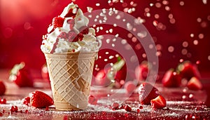 Delicious Vanilla Ice Cream Cone Topped with Whipped Cream and Fresh Strawberries on a Sparkling Red Background
