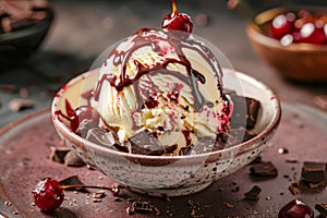 Delicious Vanilla Ice Cream Scoop with Chocolate Syrup and Cherries on Top, Served in a Ceramic Bowl with Chocolate Pieces