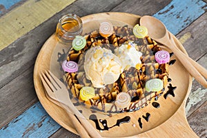 Delicious vanilla ice cream with waffle