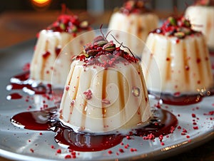 Delicious Vanilla Panna Cotta Desserts Drizzled with Berry Coulis and Edible Flowers on Elegant Plate photo
