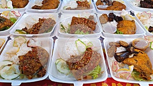 Delicious, variety and many choices of local food at night local market in Borneo