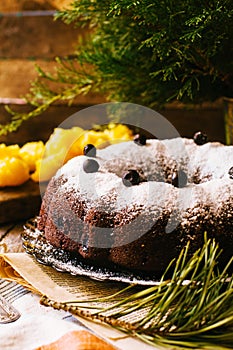Delicious vegan chocolate cake. Chocolate cake with marzipan and