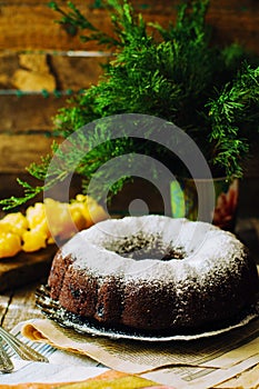 Delicious vegan chocolate cake. Chocolate cake with marzipan and photo