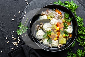 Delicious vegetable soup with chicken meatballs and pearl barley