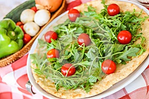 Delicious vegetarian pizza with red wine