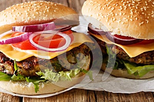 Delicious veggie burger with mushroom patty, fresh lettuce, onions, tomatoes and cheddar cheese close-up. horizontal