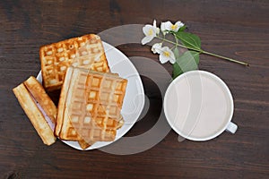 Delicious Viennese waffle, cup of cocoa and jasmine flower.