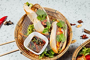 Delicious Vietnamese food including Pho ga, noodles, spring rolls on white background