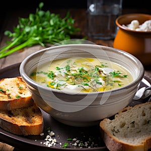 Delicious Villagecore Soup With Bread And Parsley