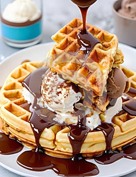 A delicious waffle topped with ice cream and drizzled with chocolate syrup