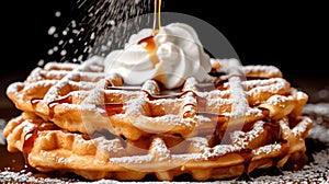 Delicious Waffles or Funnel Cake with cream and caramel in Black Background. Generative Ai