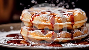 Delicious Waffles or Funnel Cake with syrup in Black Background. Generative Ai