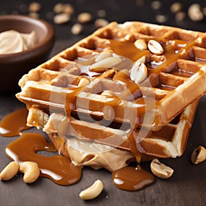 Delicious Waffles With Peanut Butter, Syrup, And Peanuts On Dark Background
