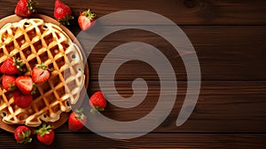 Delicious Waffles And Strawberries On Wood Background photo