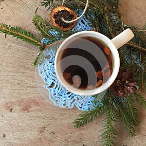 Delicious warm tea in winter background