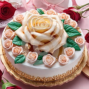 delicious wedding cake with roses, close up viewdelicious wedding cake with roses, close up viewbeautiful cake with flowers on tab