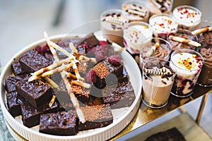 Delicious wedding reception candy bar dessert table