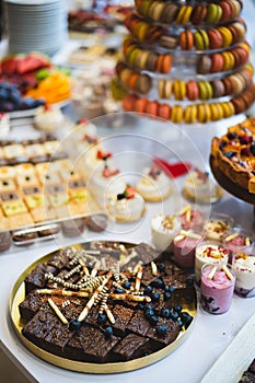 Delicious wedding reception candy bar dessert table