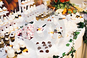 Delicious wedding reception candy bar dessert table