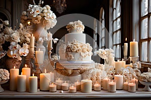 Delicious wedding reception, candy bar, dessert table with cake