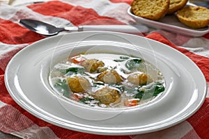 Delicious wedding soup with meatball, carrots and spinach