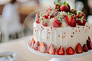 Delicious whole strawberry cream cake on table