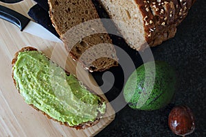Delicious wholewheat toast with guacamole. Mexican and vegan cuisine.