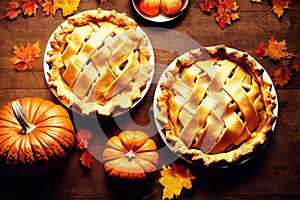 Delicious wicker pumpkin pie with pumpkin in autumn on wooden table