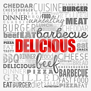 DELICIOUS word cloud collage, fast food concept background