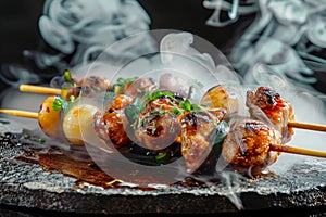 Delicious Yakitori Chicken Skewers with Smoke on Dark Slate, Authentic Japanese Cuisine