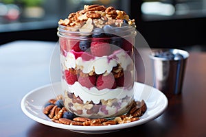 Delicious yogurt granola parfait with assorted nuts and fresh berries in an elegant glass jar