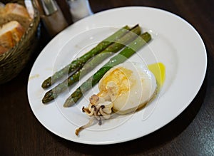 Deliciously baked squids with asparagus on a white plate