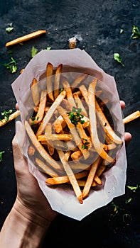 Deliciously cooked crispy french fries, an indulgent fast food treat